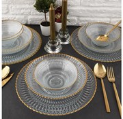 Set de masă 12 piese, sticlă transparentă cu detalii aurii