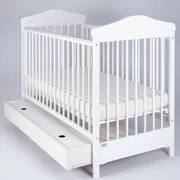 Patut bebe din lemn masiv, inaltime reglabila a saltelei, sertar inclus, Hippo Alb, 120x60 cm