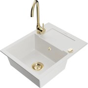 Mexen Enzo chiuvetă de granit cu un compartiment, cu picurător și  baterie de bucătărie Telma, Albă - 6506-20-670200-50