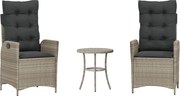 vidaXL Set bistro cu perne, 3 piese, gri deschis, poliratan