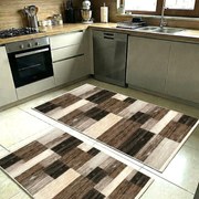 Set covoare bucatarie antiderapante, 2 piese, model lemn decorativ