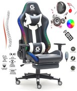 Scaun gaming, Masaj in 7 puncte, sistem iluminare bandă LED RGB, boxe Bluetooth, masaj în perna lombară, sezut benzi elastice sustinere, funcție șezlong, 90-180 grade, suport picioare, Negru/Alb