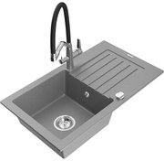 Mexen Pablo chiuvetă de granit cu un compartiment, cu picurător și baterie de bucătărie Duo, Gri - 6510-71-671701-07