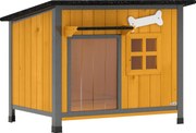 PawHut Cușcă pentru câini de exterior din lemn și oțel rezistent la mușcături, cu acoperiș rabatabil și perdea pentru ușă, galben | Aosom Romania