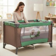Patut Pliabil si Tarc copii Baby Care™ PRO FMG, 120X60 cm, 2 Niveluri de inaltime, Cu geanta transport inclusa, Plasa insecte, Maron cu Verde