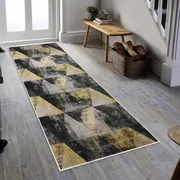 Covor antiderapant Berenice, dreptunghiular, 80x200 cm, geometric, negru, galben, gri, 60% bumbac