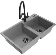 Mexen Tomas chiuvetă de bucătărie din granit cu 2 camere și baterie Duo, gri - 6516-71-671701-70-B