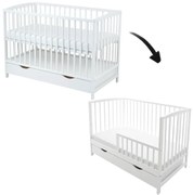 Patut din lemn masiv cu sertar, capac si bariera 120x60 cm Kidizi Orella alb,reglabil pe 3 nivele, certificat EN71