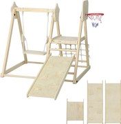 AIYAPLAY Set de Cățărare 5 în 1 cu Tobogan, 2 Pereți de Cățărare, Leagăn și Coș de Baschet, din Lemn, 140x172.5x116.5 cm | Aosom Romania