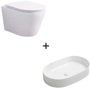 Set vas wc rimless cu capac soft close Oslo plus lavoar baie oval alb lucios