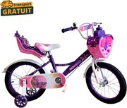 Bicicleta copii mov Caraiman 14 16 inch, cu roti ajutatoare, cos si scaunel papusa