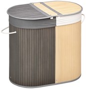 HOMCOM Cos de rufe din bambus 100L cu 2 sectiuni, capac si sac detasabil 62,5 x 37 x 60,5 cm - gri | Aosom Romania