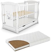 Patut din lemn masiv 2 in 1 Maya alb cu sertar, include saltea cocos LUX 120x60x9 cm