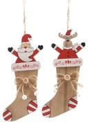 Set 2 ornamente lemn in forma de ciorap, Mos Craciun si ren, 6,5x16 cm