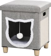 PawHut Căsuță pentru Pisici cu Covor de Zgâriat, Pernă și Bilă, 35.5x35.5x42.5 cm, Crem și Gri | Aosom Romania