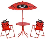 Outsunny Set masă de grădină cu 2 scaune pliabile, masă și scaune pentru copii în aer liber cu umbrelă din metal și poliester, roșu | Aosom Romania