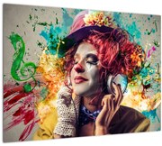 Tablou pe sticlă - Artista cu căști (70x50 cm)