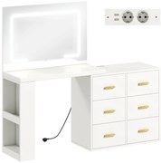 HOMCOM Stație de Machiaj cu Lumini LED, 3 Culori, Luminozitate Reglabilă, Toaletă Convertibilă cu Prize Electrice, 6 Sertare Soft Close, Oglindă, Rafturi Deschise, pentru Dormitor, Alb | Aosom Romania