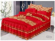 Lenjerie Pat Dublu, Bumbac Finet cu Volanase, 6 Piese - Auriu Si Rosu