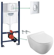 Set vas wc rimless cu capac soft close Fluminia Minerva, rezervor incastrat si clapeta crom Skate Air Grohe