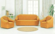 Set huse elastice si creponate pentru canapea 3 locuri si 2 fotolii, fara volanas, culoare Mustar deschis