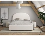 Set MOON: pat tapițat 140 x 200 cm alb cu țesătură bouclé și spațiu de depozitare + taburet alb multifuncțional – Vipack