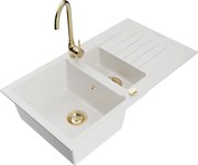 Mexen Matias chiuvetă granitică 1,5 cuvă cu picurător și baterie bucătărie Telma, albă - 6502-20-670200-50