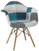 Scaun dining de tip fotoliu Lotus, textil patchwork albastru/gri, picioare lemn+metal