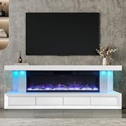 Șemineu Electric cu Flacără LED în 7 Culori, Comodă TV, Bluetooth, Difuzoare Integrate, Iluminare LED Ambientală, Telecomandă, MDF, Finisaj Alb Oglindă