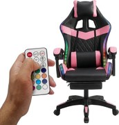 Scaun gaming, sistem iluminare bandă LED RGB, masaj în perna lombară, suport picioare, Negru/Roz