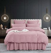 Set Lenjerie de Pat Bumbac Finet Uni cu Volanase, 6 Piese, Pat 2 Persoane, Roz Pudra