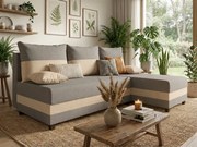 Coltar extensibil de tip L dublu fata VALERIO SLIM 200x140 cm, gri deschis/bej + 2 pernute GRATUIT