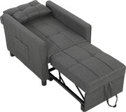 HOMCOM Fotoliu Pat Single 3 în 1 din Material Textil Tip In și Lemn cu Spătar Reclinabil, Pernă, Buzunare, Gri | Aosom Romania