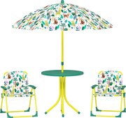 AIYAPLAY Masă de Picnic pentru Copii, Set Masă și Două Scaune Pliabile cu Umbrelă Demontabilă, Tematică Jungle, Mobilier de Exterior pentru Grădină, Terasă, Verde | Aosom Romania