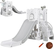 AIYAPLAY Tobogan pentru copii, 5-în-1, tobogan pentru copii mici cu coș de baschet, telescop, ansamblu de cățărat Gri 70 x 177 x 92 cm | Aosom Romania