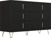 Bufet cu 6 sertare, mânere și picioare aurii, textură ondulată, 120x40x77 cm, Negru+Aurii