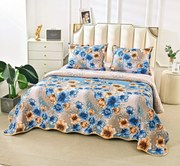 Cuvertura 3 Piese Din Bumbac Matlasat Cu Doua Fete - Flori Albastre