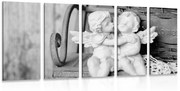 Tablou 5-piese statuete de îngerași pe bancă în design alb-negru