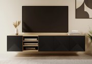 Comodă TV suspendată Asha 200 cm, partea frontală riflat și nișă – stejar artisan / negru mat