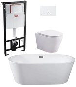 Set cada freestanding ovala, vas wc rimless cu capac soft close, rezervor incastrat si clapeta alb lucios