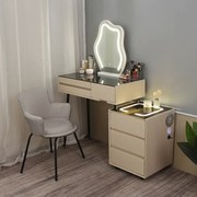 Set ISIDORE Long, Masă de toaletă pentru machiaj, incarcare Wireless+USB, oglindă iluminată LED, control touch, trei tipuri culoare, 6 sertare, comodă iluminata LED, difuzor Bluetooth, scaun,100 cm