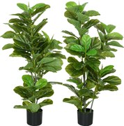 HOMCOM, Set de 2 plante artificiale Ficus Lyrata, arbori artificiali cu ghiveci inclus, înălțime 110 cm, verde | Aosom Romania