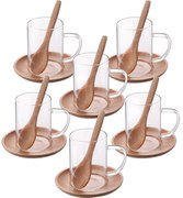 Set de 6 cești de sticlă cu farfurioare din lemnși lingurițe Silvan 200 ml