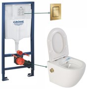 Set vas wc suspendat cu functie bideu alb si baterie inclusa auriu mat Foglia Oslo, rezervor wc incastrat si clapeta auriu periat, Grohe