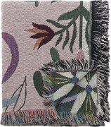 Pătură din bumbac reciclat, roz, cu model botanic și franjuri multicolore, „Yash", 160 x 130 cm