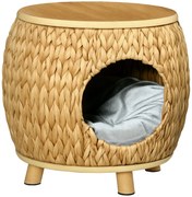 Peșteră pentru pisici Pawhut din Iarbă de Apă, Pernă lavabilă, 44 cm x 43 cm x 42 cm Maro deschis + Lemn natural + Gri | Aosom Romania