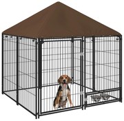 PawHut Gard pentru Câini din Metal cu Ușă pentru Boluri, Gard pentru Câini de Exterior cu Acoperiș, 141x141x151 cm, Negru și Maro