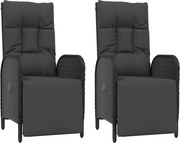 vidaXL Scaune rabatabile exterior, cu perne, 2 buc., negru, poliratan