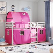 vidaXL Pat supraetajat cu perdele, roz, 75x190 cm, lemn masiv pin