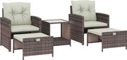 Outsunny Set de Mobilier de Grădină din Rattan 5 Piese, Set de Mobilier Exterior cu 2 Suporturi pentru Picioare, 2 Fotolii, Masă de Cafea cu 2 Niveluri, Perne, pentru Balcon, Terasă, Patio, Maro/Crem | Aosom Romania